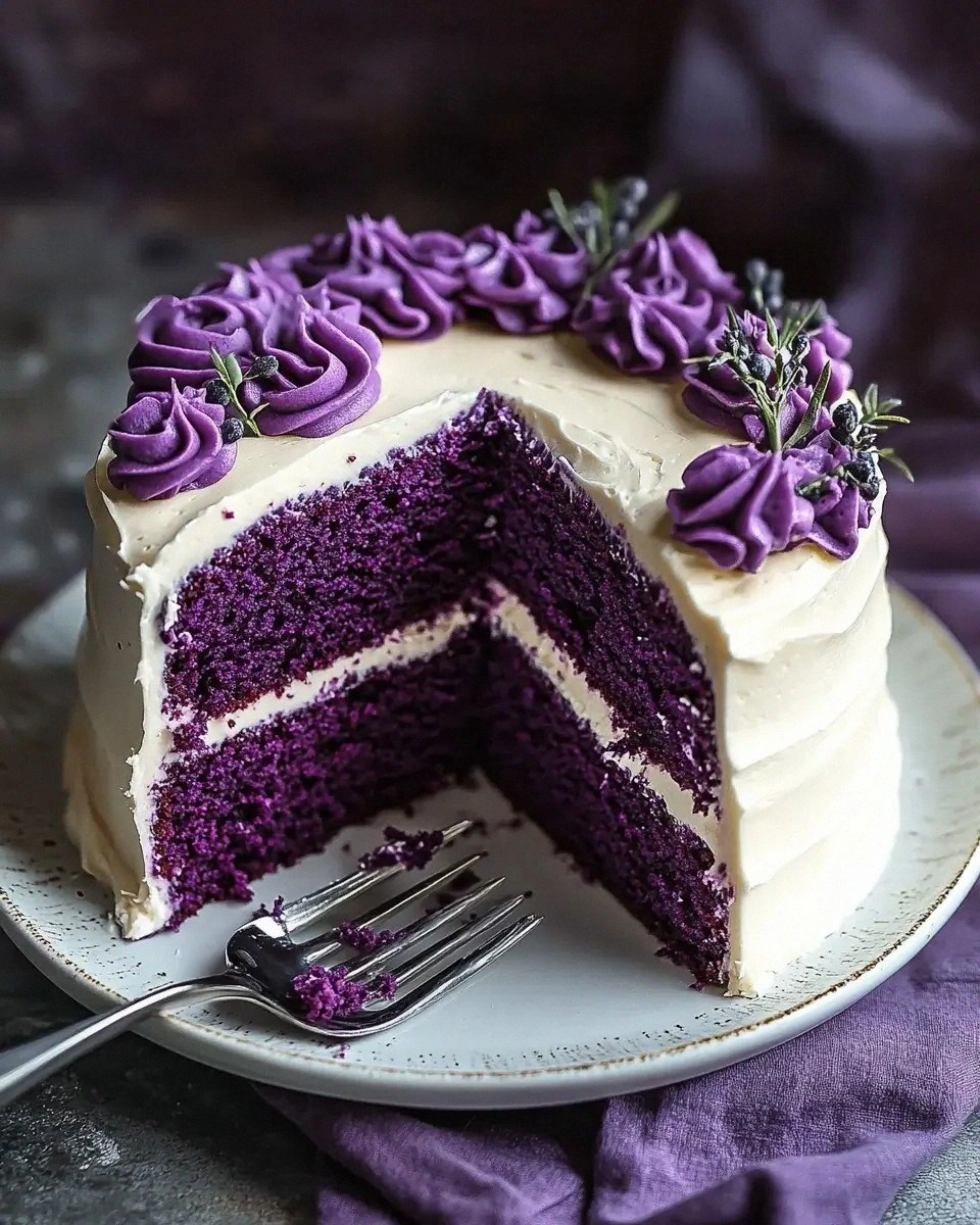 Royal Purple Velvet Cake with Creamy Vanilla Frosting delights!