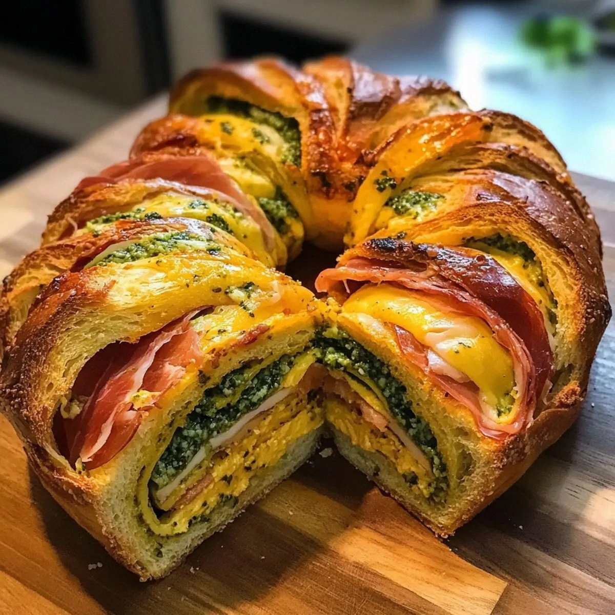 Saffron Wreath Bread with Prosciutto Gruyere and Pesto Bliss