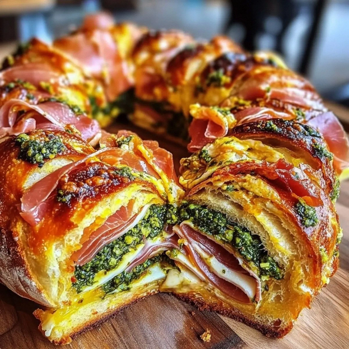 Saffron Wreath Bread with Prosciutto Gruyere and Pesto Bliss