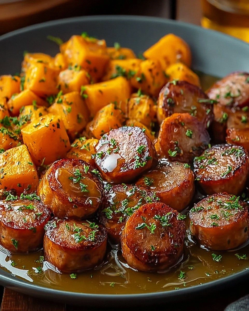 Sausage and Sweet Potatoes with Honey Garlic Sauce
