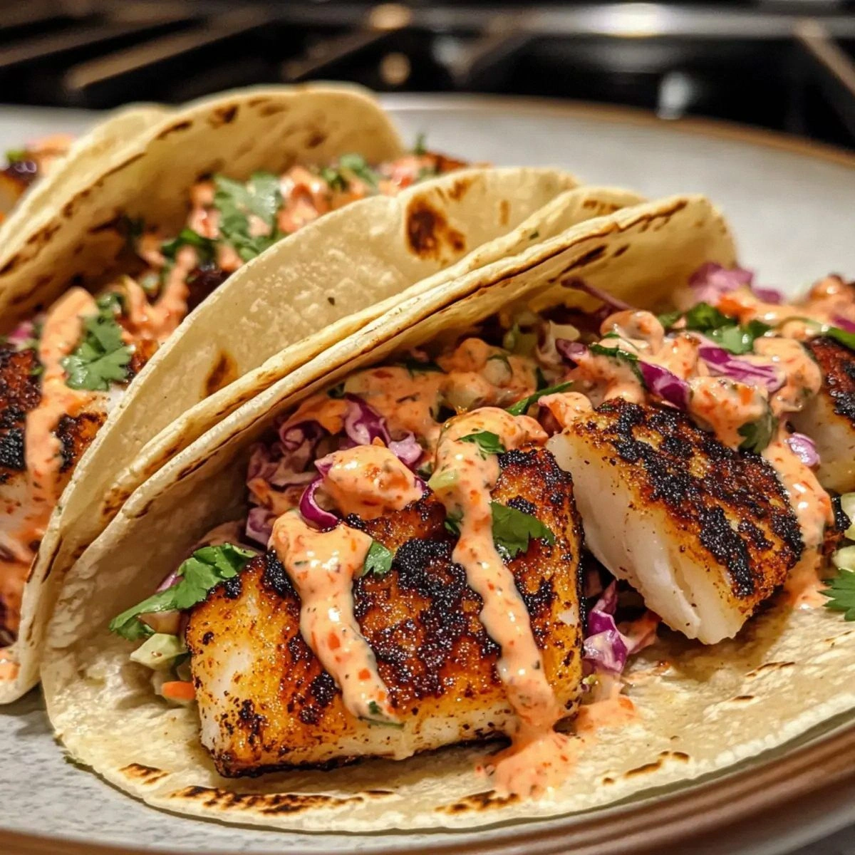 Savor Blackened Fish Tacos with Cilantro Slaw & Sriracha Mayo