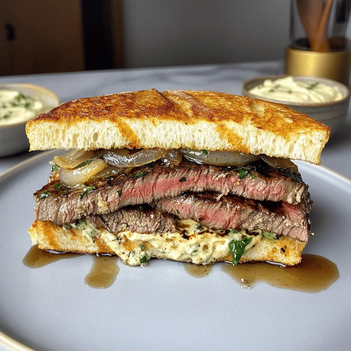Savory Steak Sandwich with Zesty Aioli and Crispy Onions