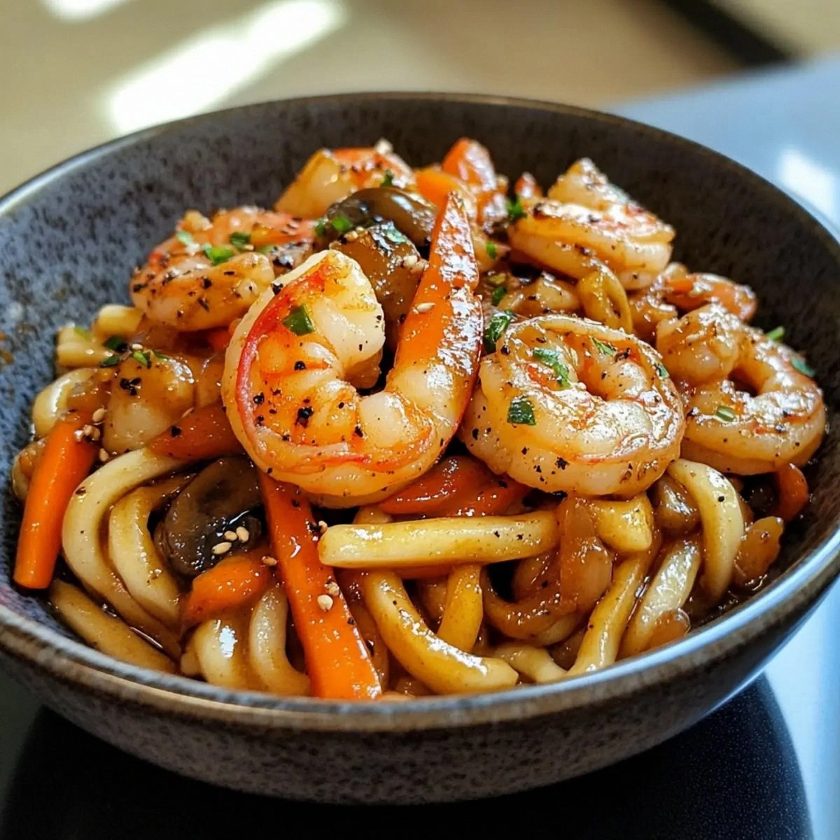 Savory Yaki Udon with Shrimp Made in 20 Minutes