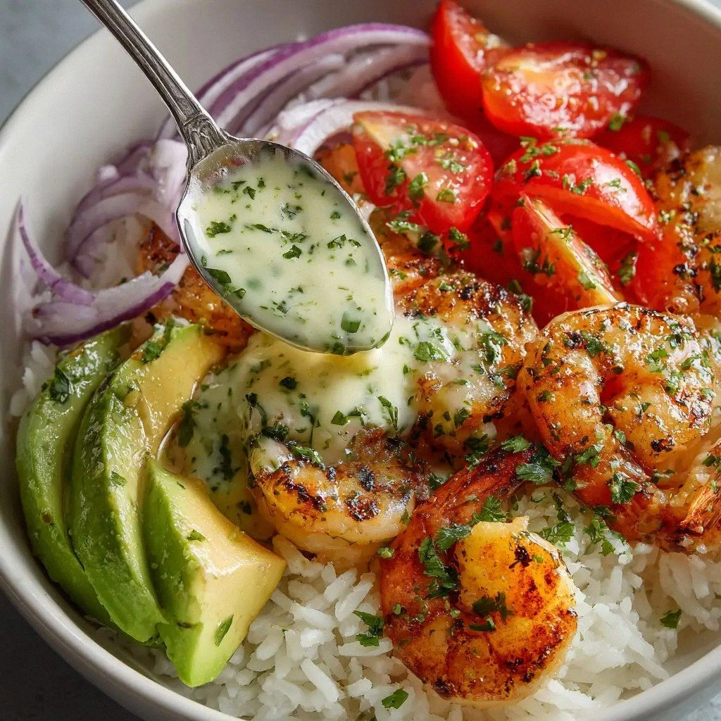 Shrimp and Avocado Rice Bowl: 
