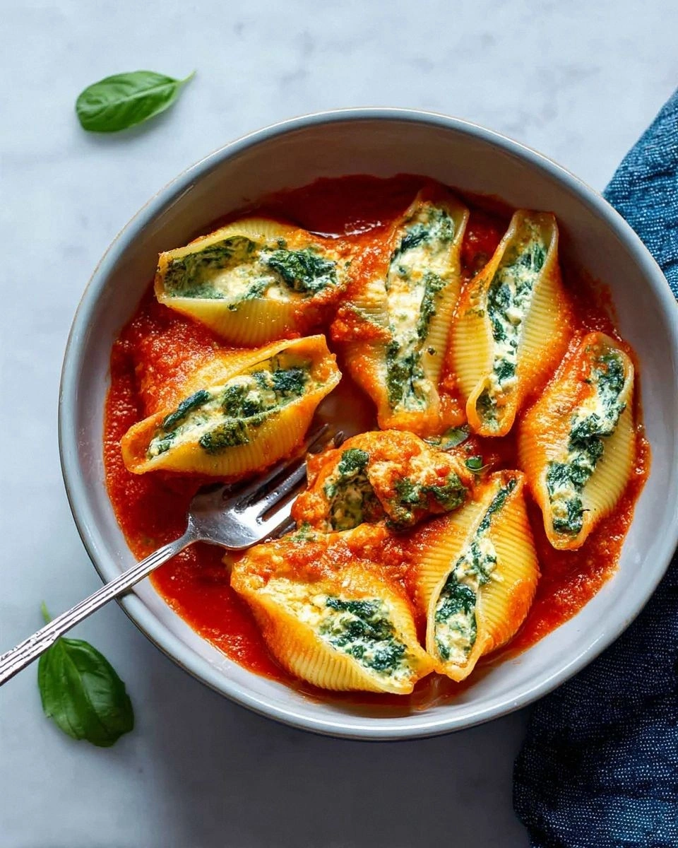 Spinach Ricotta Stuffed Shells with Basil Sauce
