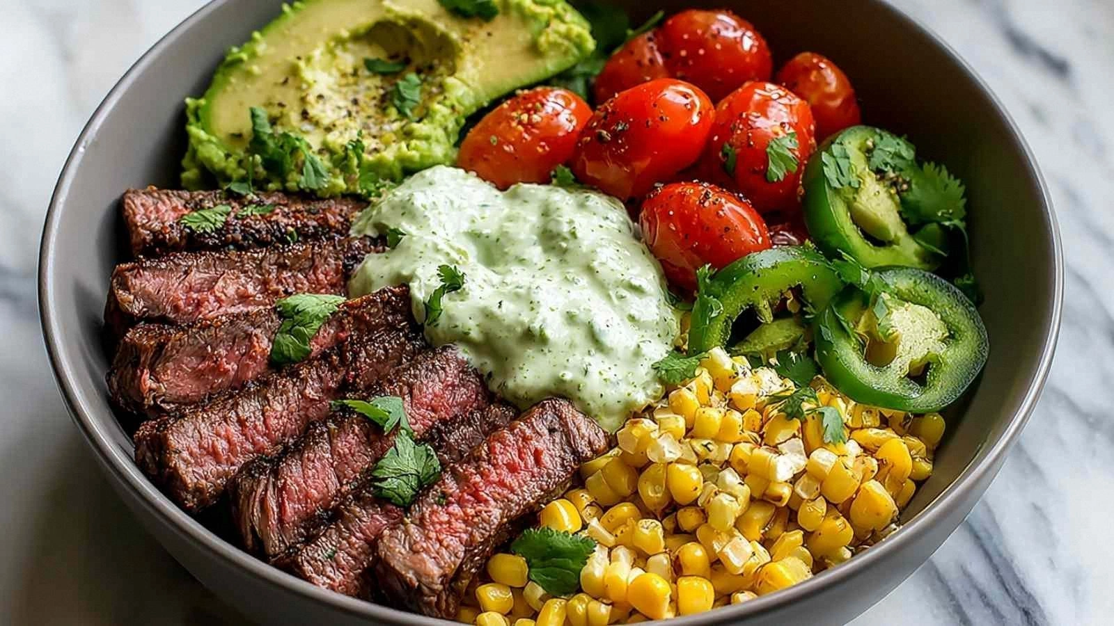 Steak Avocado Roasted Corn Bow