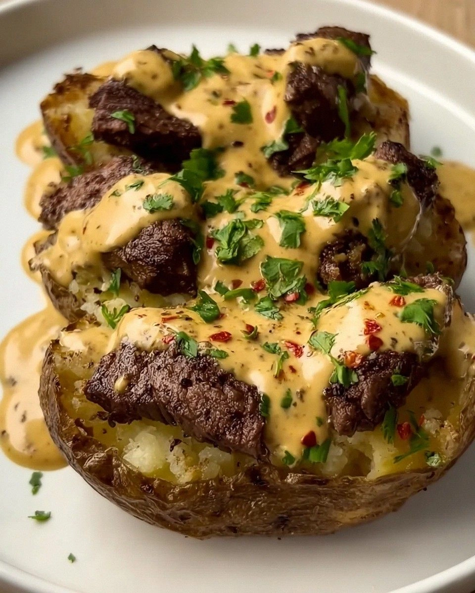 Steak Stuffed Potatoes with Parmesan Cream Sauce