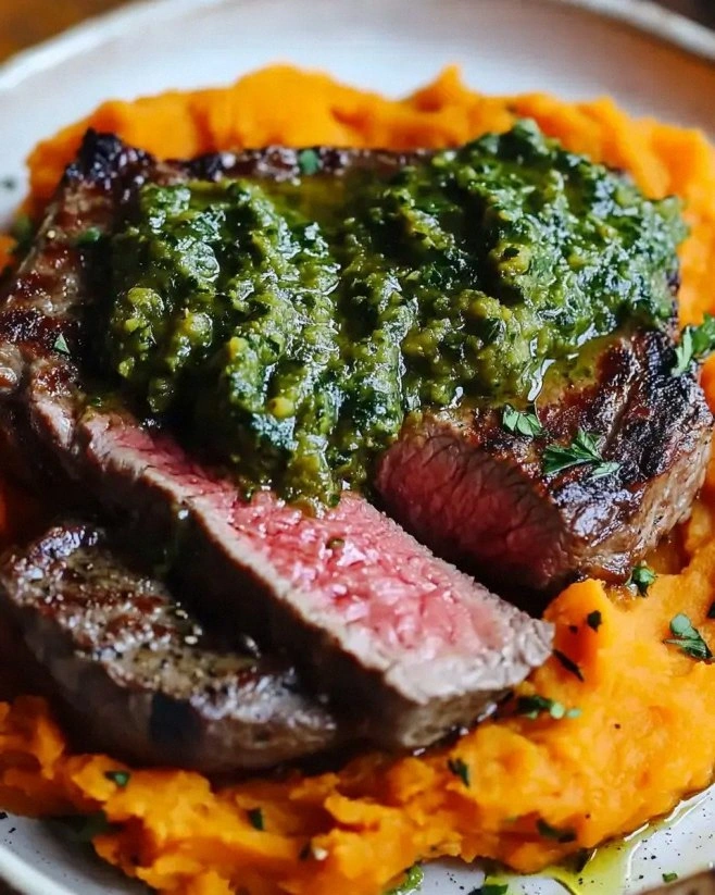 Steak with Green Sauce and Mashed Sweet Potatoes: Easy Recipe!