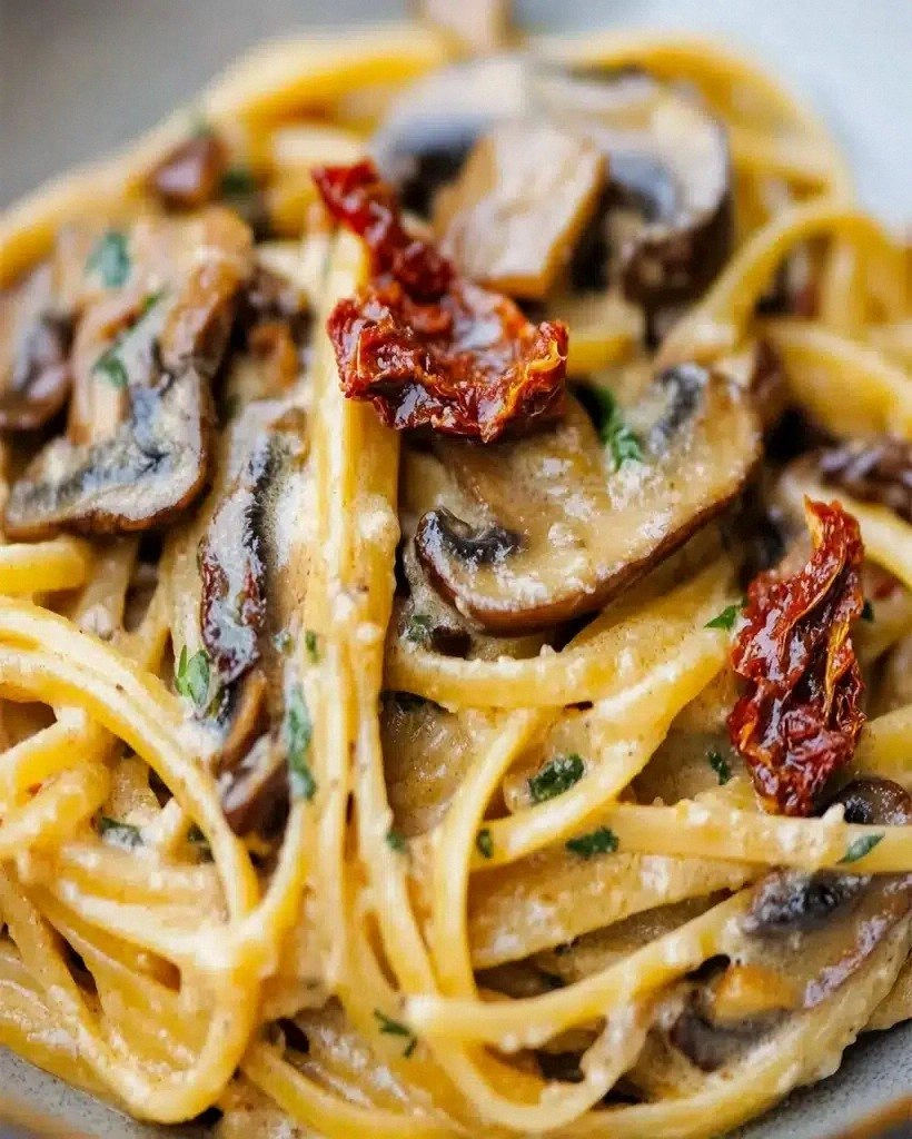 Sun-Dried Tomato Pasta with Mushrooms and Basil Sauce