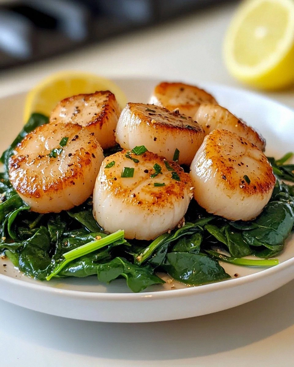 Tasty Seared Scallops Over Wilted Spinach: A Delightful Treat!